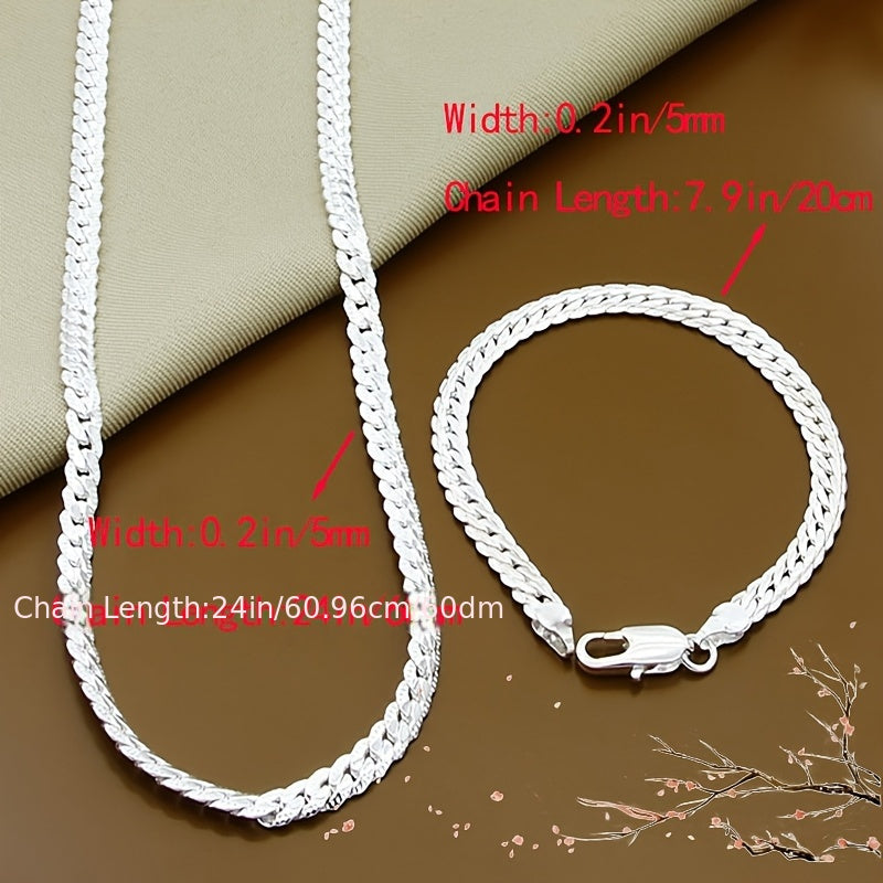 925 Sterling Silver Fashion Jewelry Set, Hip Hop Style, Includes 5mm Full Side Chain Necklace and Bracelet, Ideal for Casual Parties and Weddings