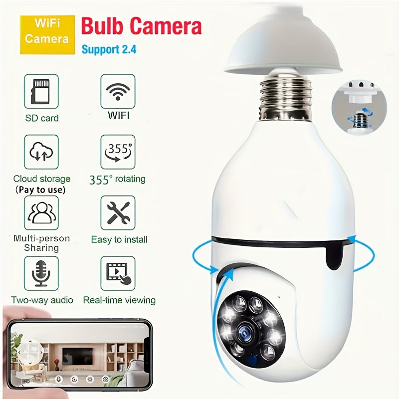 YIIYRY WiFi Light Bulb Security Camera with 360° Pan/Tilt, Two-Way Audio, Real-Time Video Streaming, Multi-Person Sharing, Cloud & SD Card Storage - White, Home Security Camera|Sleek White