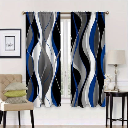 A modern abstract geometric curtain set, featuring 2 pieces in black and white. These semi-transparent privacy drapes are perfect for the living room and bedroom, and are machine washable for easy cleaning.