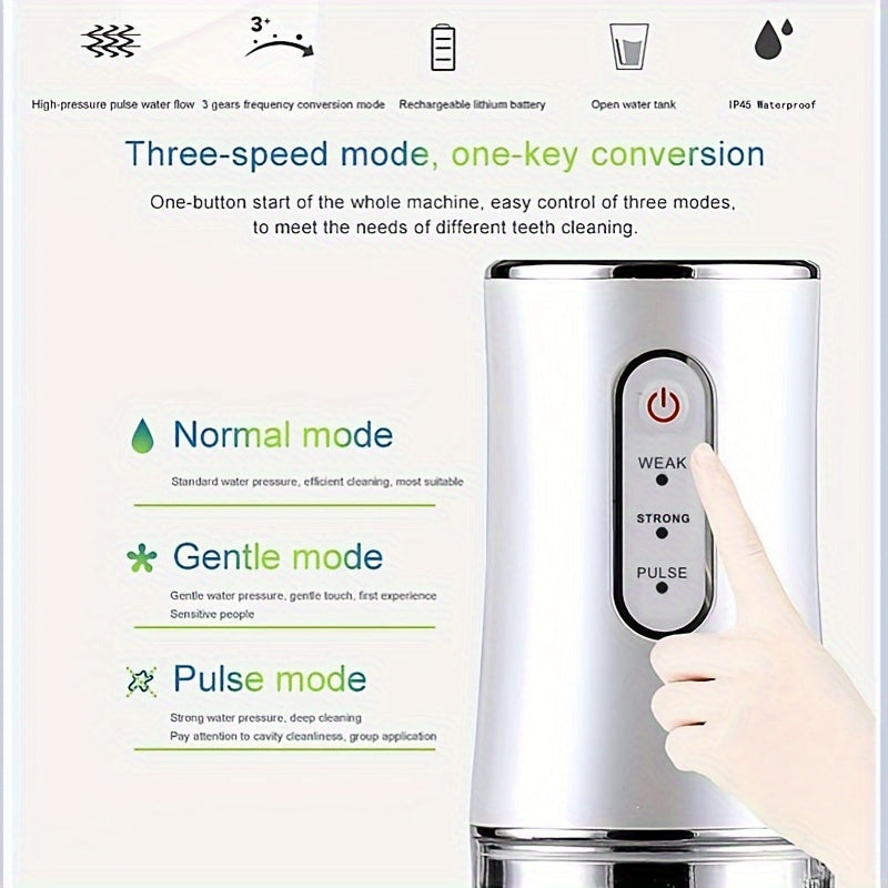 Portable rechargeable water flosser with 3 modes and 4 nozzle functions for dental hygiene on-the-go.