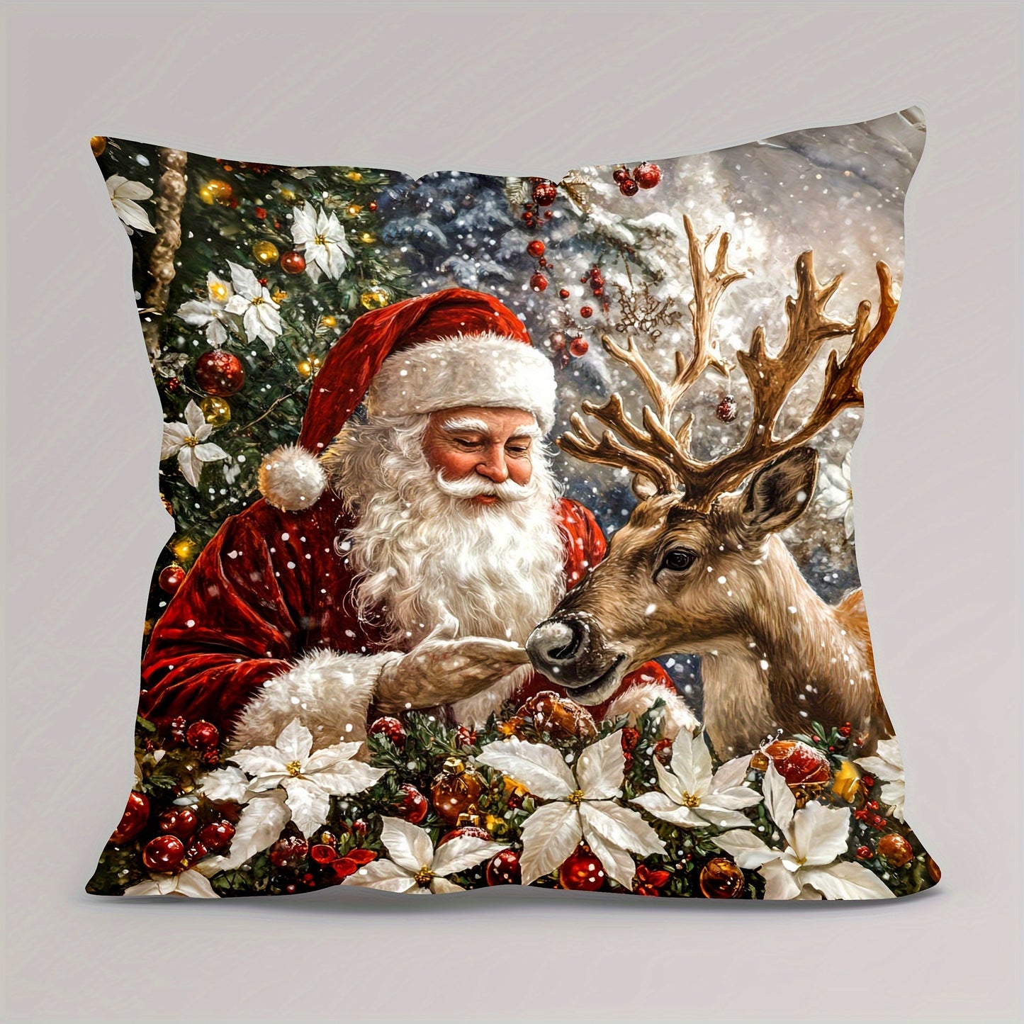 Modern Christmas Santa and Reindeer Pattern Soft Velvet Throw Pillow Cover with Zipper Closure - 44.96x44.96 cm, Machine Washable, Single-Side Print, Polyester - 1pc