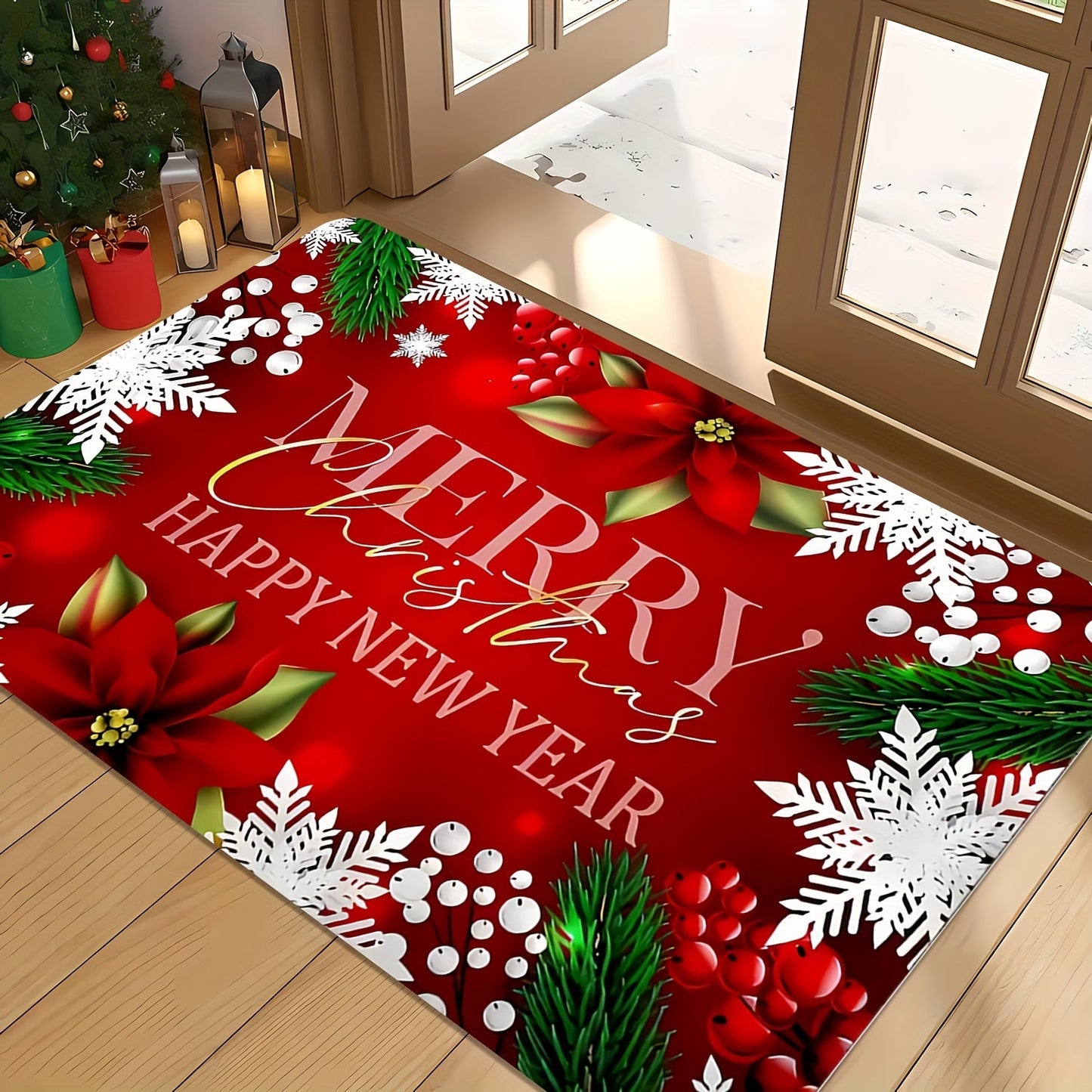 Christmas Red Door Mat - Large Non-Slip Entrance Rug - Indoor/Outdoor Camping Carpet - Absorbent Flannel Material - Machine Washable - 0.47-inch Thick - 600g/m² - Rectangular - Anti-Stain - Anti-Slip - Floral Pattern - Holiday Home Decor - Bedroom