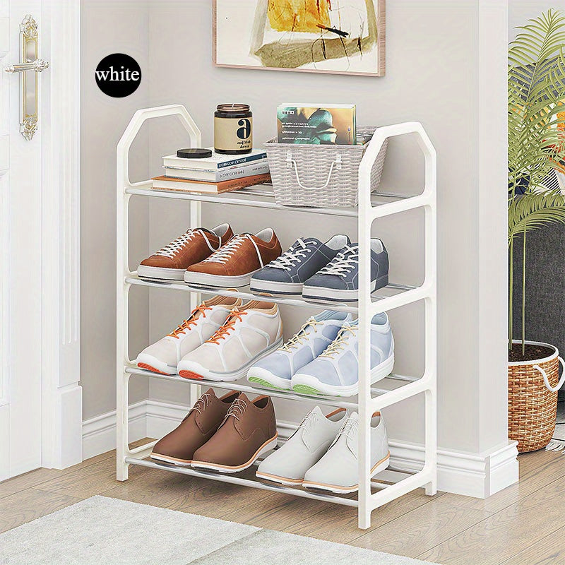 Simple Shoe Rack with 4 Tiers, Compact and Versatile Design, Quick and Easy Assembly, Dust-Proof Storage Solution for Entryway, Bedroom, or Living Room - White Sneakers Displayed on Black Metal Frame, Shoe Organizer