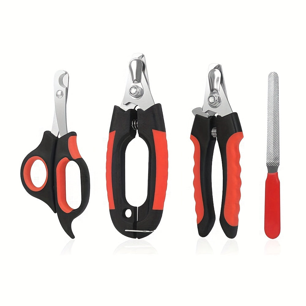 Professional dog nail clippers set with 4pcs, stainless steel, safety guard, non-slip handle, includes storage case and nail file. Suitable for all dog breeds, no battery required.