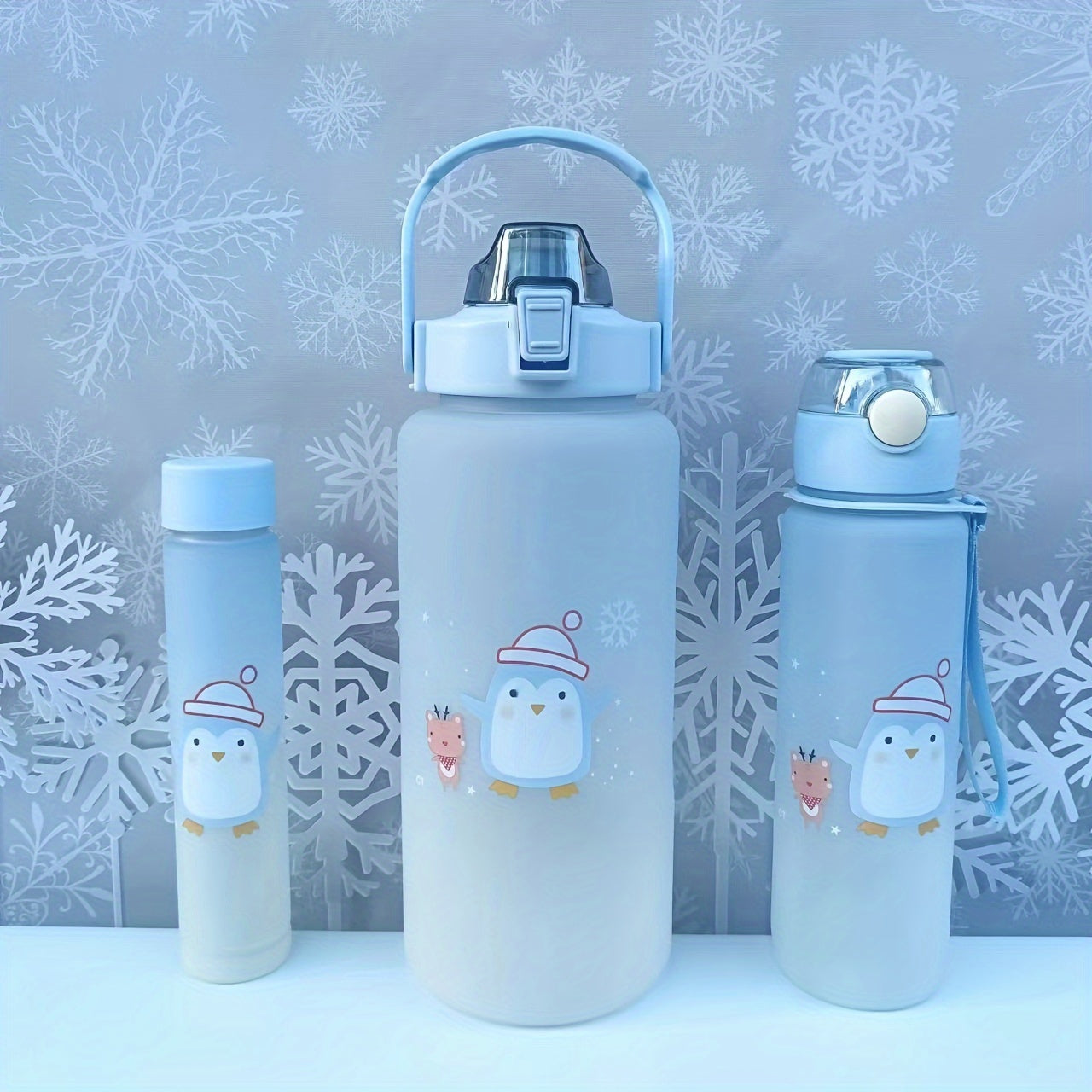 Cartoon sports water bottle set in three sizes (300ml, 700ml, 2L) for camping, hiking, and fitness. Perfect for outdoor activities and makes for great birthday gifts.