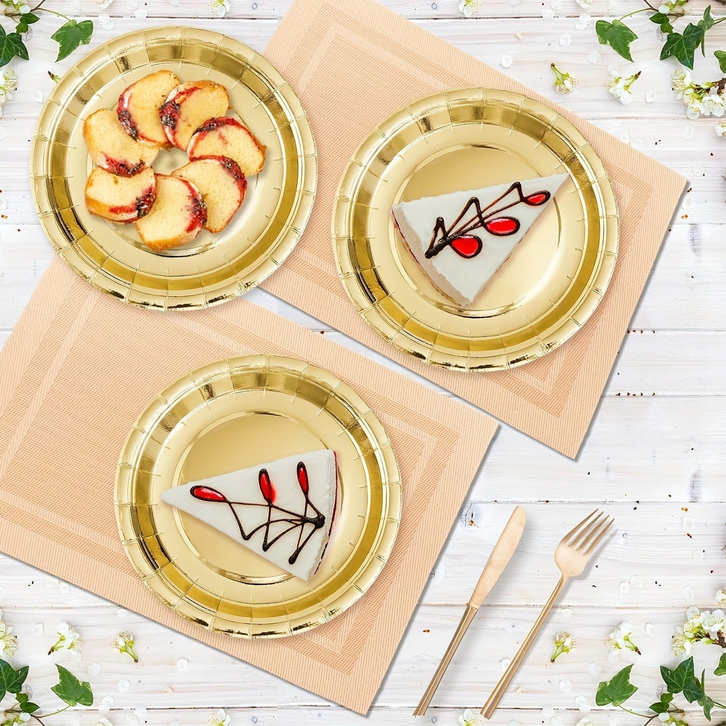 Golden Aluminum Plates, available in packs of 10 or 20, in sizes of 17.78cm or 22.86cm, perfect for all occasions. These round foil disposable party plates are uncoated and can be used for serving dessert, cake, or dinner. Ideal for Christmas, Halloween