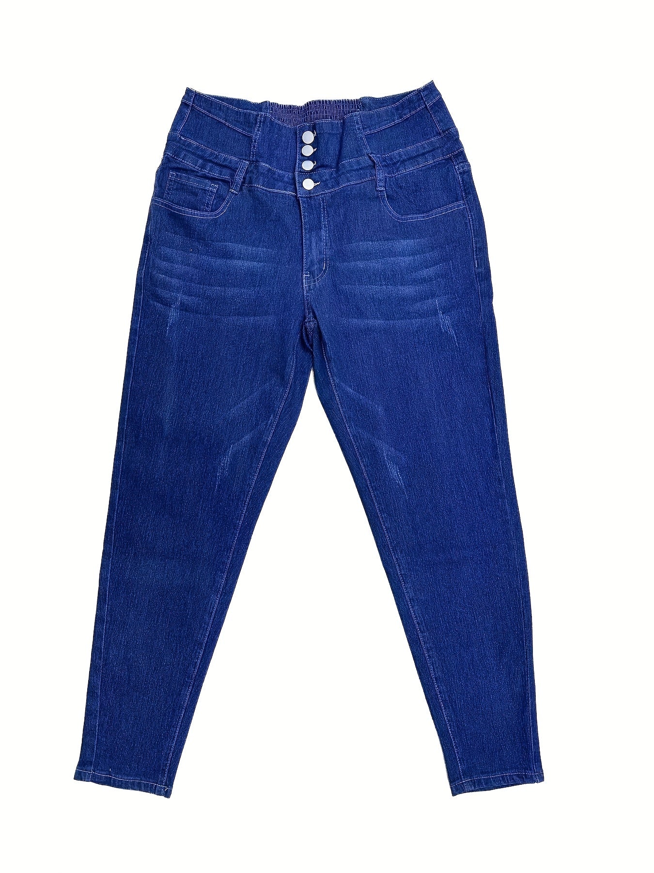 High-waisted skinny jeans with button detail for plus size women, in blue denim.