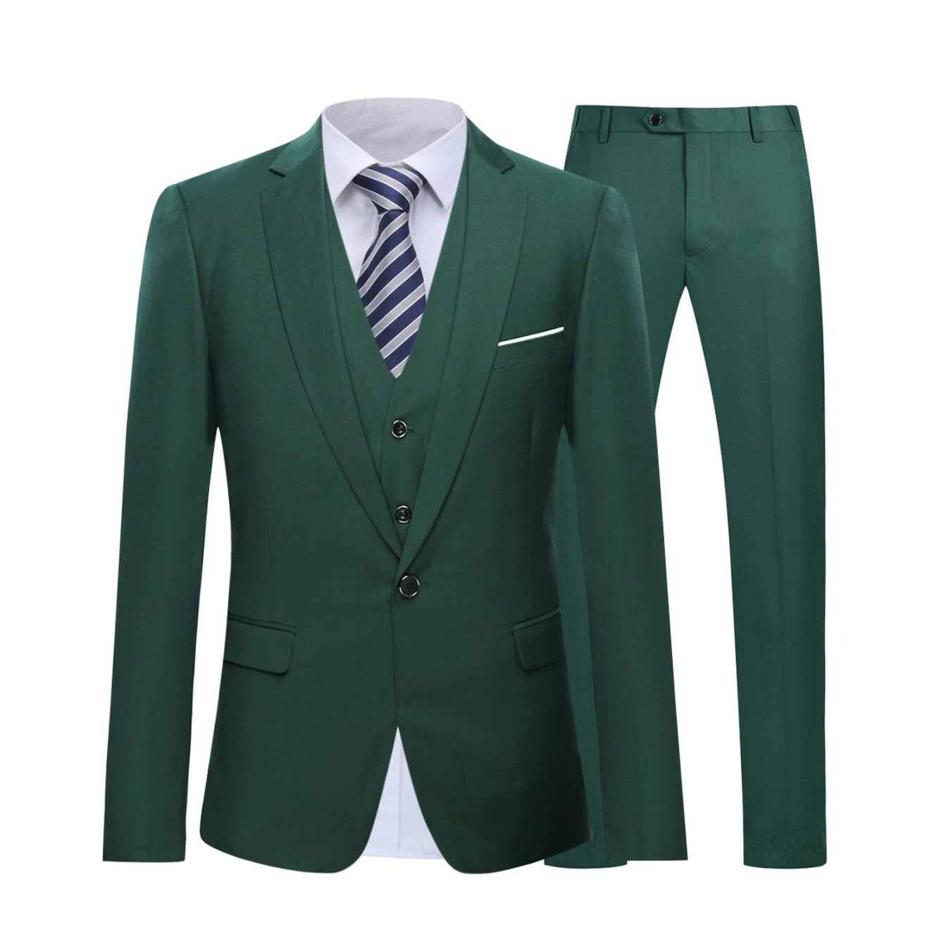 Men's single buttoned jacket and three-piece suit in a solid color.