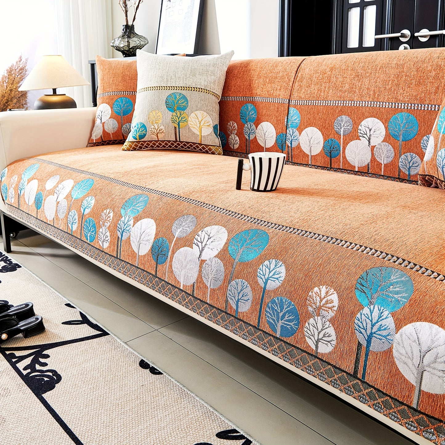 Bohemian Chenille Sofa Slipcover with Geometric Embroidery and Pet-Friendly Fabric for Home Decor.