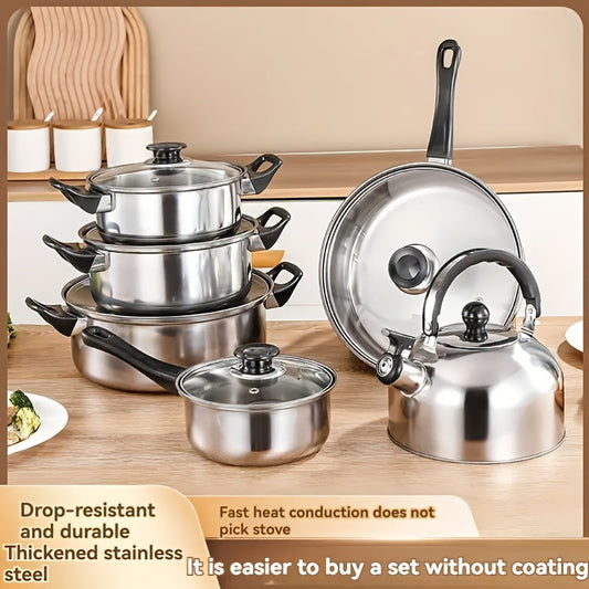 Stainless Steel Cookware Set of 12 Pieces with Black Handles - Non-Electric, Food-Safe Kitchen Essential Cookware Including Frying Pan, Stockpot, and Seasoning Pan for Home and Restaurant Cooking.