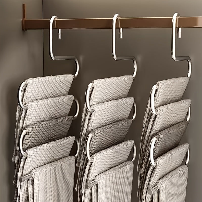 5-Tier Stainless Steel Pants Hanger for Closet Storage, S-Shaped, Non-Slip, Ideal for Jeans & Trousers, Space-Saving Design for Neat Wardrobe Organization.