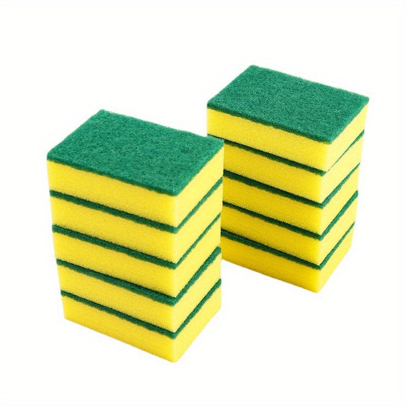 25 pieces of heavy-duty dual-sided scrub sponges in yellow and green colors. Made from durable polyester, perfect for cleaning kitchen, bathroom, and other surfaces. Ideal for non-coated porcelain and bakeware cleaning.