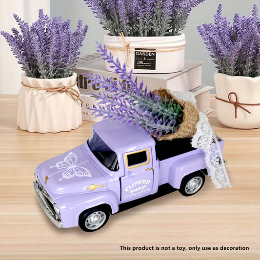 Vintage metal pickup truck decor with lavender accents, suitable for all seasons and holidays as a decorative collectible home accent for ages 14+.