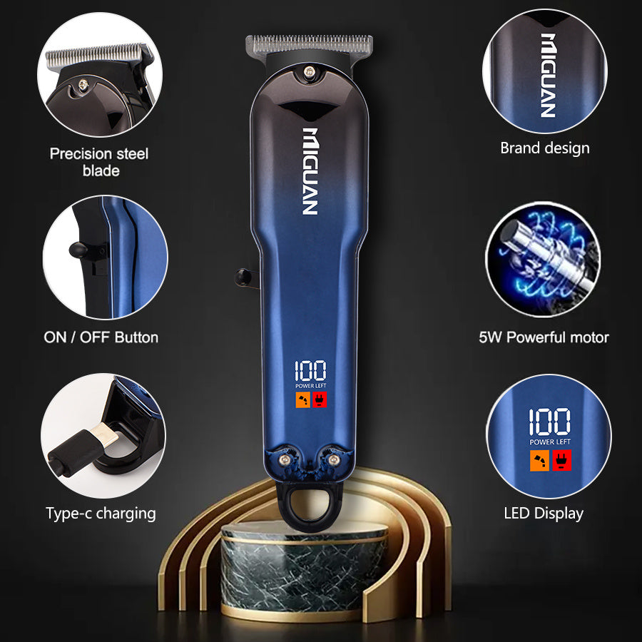 USB rechargeable hair clipper with digital display, 4 blades, ergonomic handle for precision trimming and styling. Ideal gift with sleek blue design.