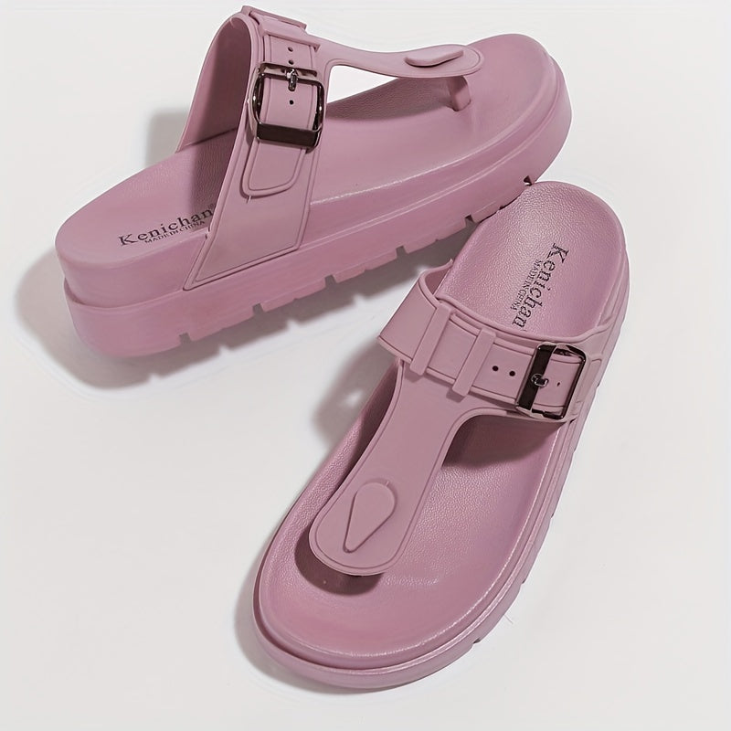 Comfortable Solid Color Flip Flops for Women, Casual Clip Toe Summer Shoes with Buckle Strap Detail