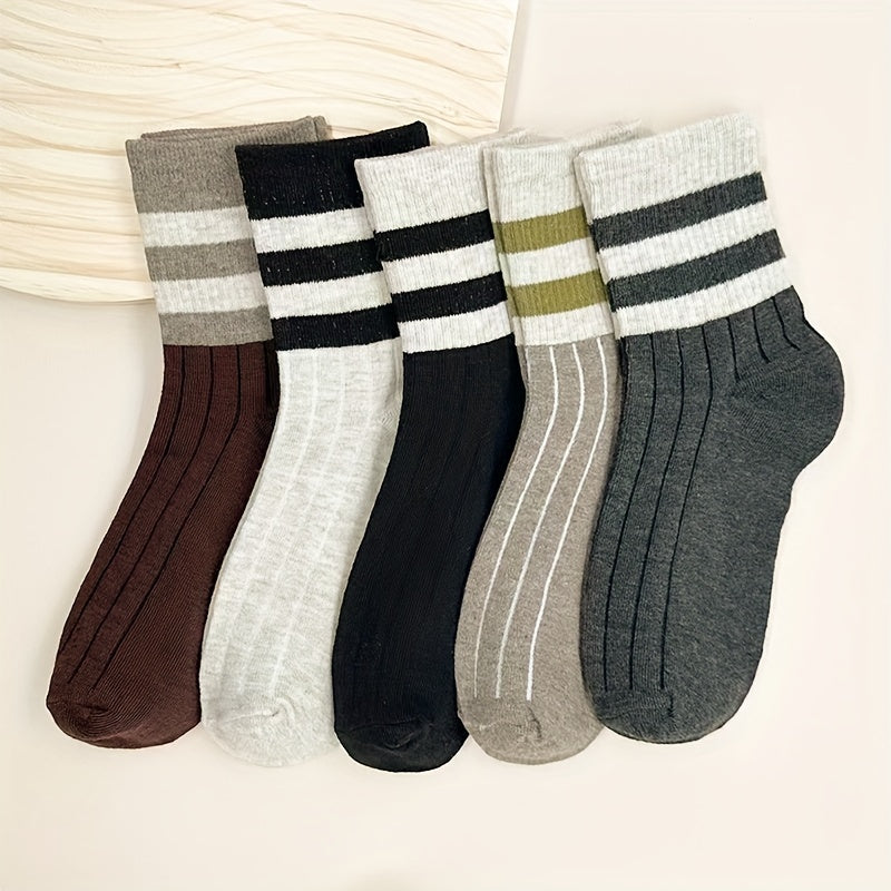 5 Striped Mid-Calf Socks for Women - Soft Polyester/Spandex Blend for Fall/Winter