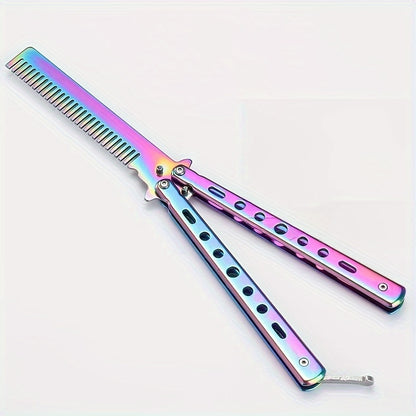 Fine toothed stainless steel Butterfly Blade Comb with metal handle for regular hairstyle and finger dexterity practice. Foldable, portable, and durable, suitable for outdoor camping.