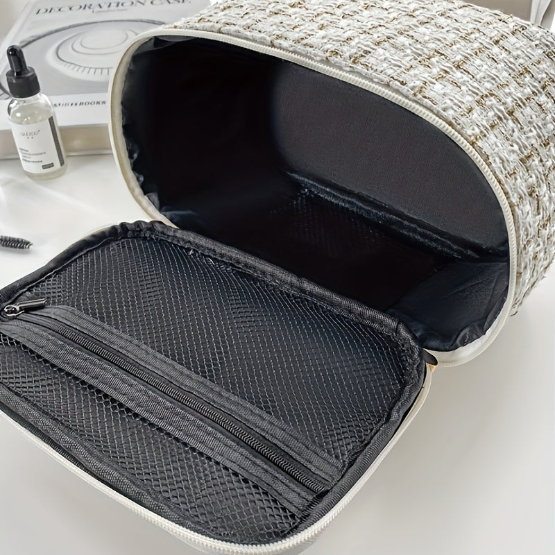 Stylish plaid cosmetic bag with dual compartments in multiple colors, made of polyester, can be hand washed or dry cleaned for travel toiletries.