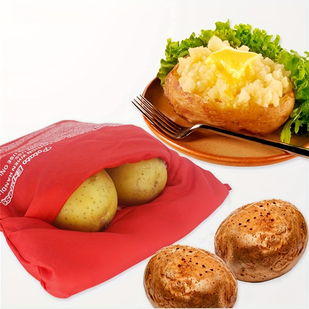 Three reusable microwave potato bags for quick cooking and warming potatoes. Made from non-food contact plastic material for perfect baked potatoes.