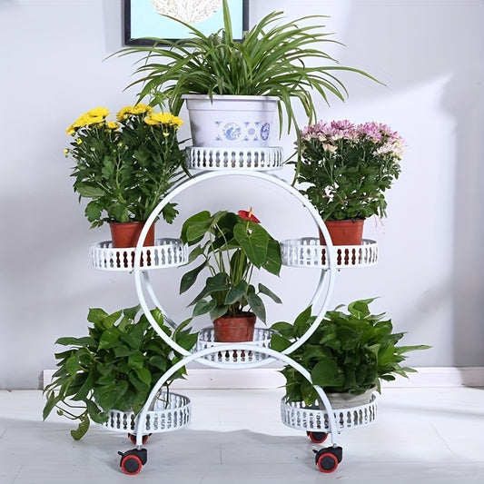 Metal flower stand on wheels for indoor and outdoor plants in living room or balcony.