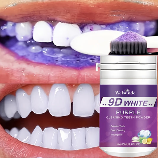 Travel-sized Purple Teeth Whitening Powder (2.7fl.oz) with Minty Fresh Breath, Gentle on Gums, Perfect for Gifts.