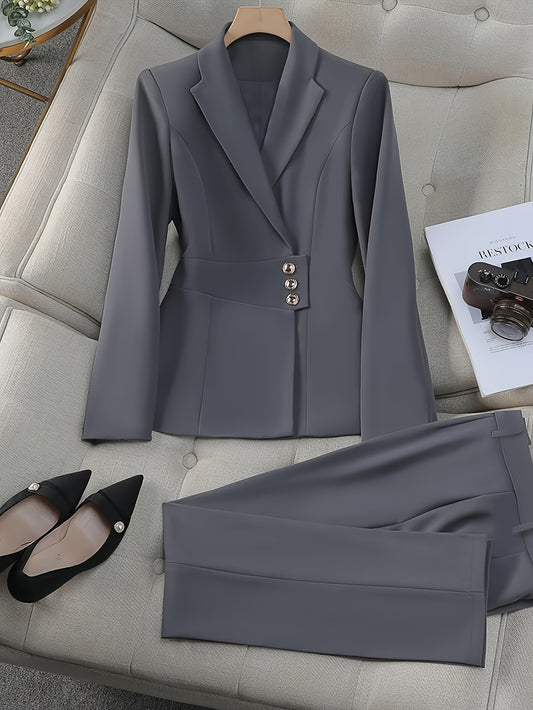 Elegant gray office suit set with double-breasted blazer and slim-fit pants, perfect for professional settings. Made of polyester/spandex and machine washable.