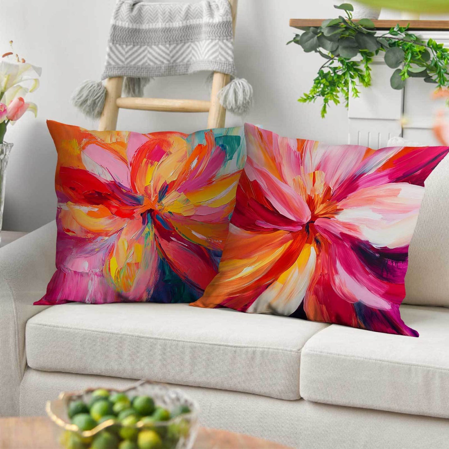 A collection of 4 modern floral throw pillow covers, featuring a fantasy theme. Made from machine washable polyester with a zipper closure. Inserts are not included, suitable for all-season comfort and perfect for Christmas décor, as well as use in the