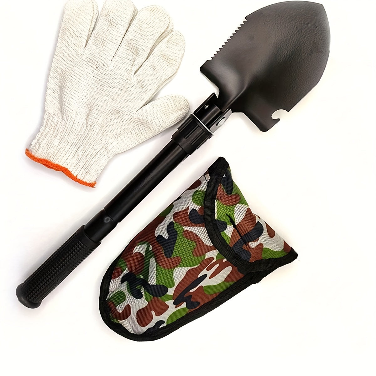 Stainless steel folding shovel with saw, pickaxe, bottle opener, and storage bag for camping and outdoor survival.