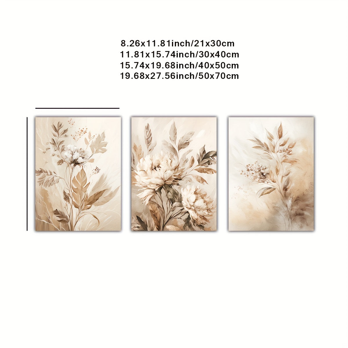 Set of 3 frameless floral canvas prints, perfect for home or office wall decor.