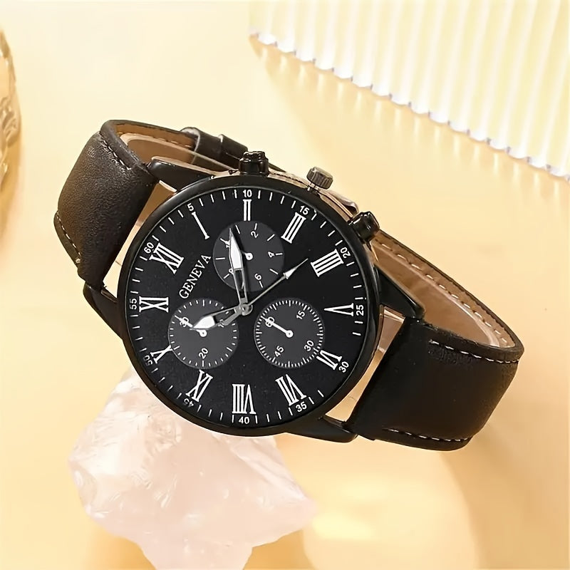 Set of 5 fashion casual men's quartz watches with PU leather straps, paired with Tree of Life jewelry. An ideal gift for any occasion.