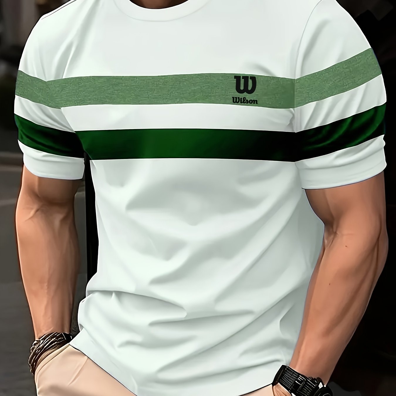 Men's Lightweight Casual T-Shirt with Green and White Striped Side Panels and "W" Print, Round Neck, Machine Washable