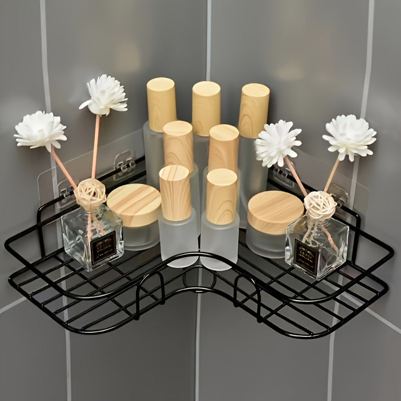 Compact corner shelf for easy installation without drilling, ideal for organizing bathroom and kitchen essentials.