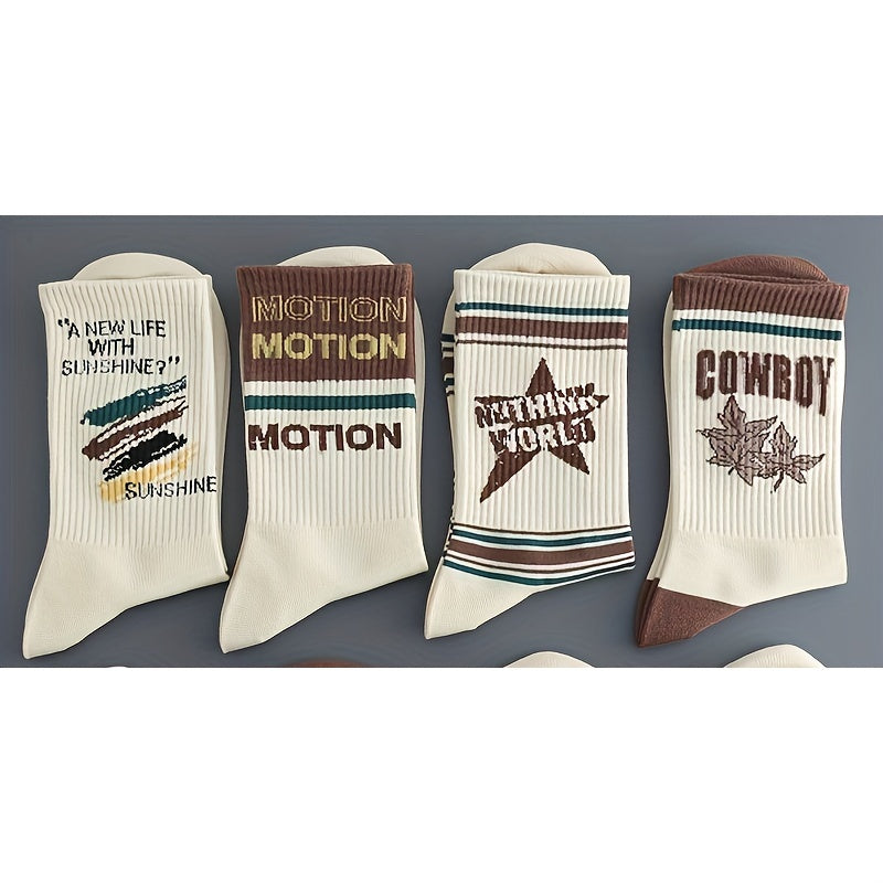 5-pack men's socks with vintage American style, comfortable and breathable. Made of a cotton blend with polyester and spandex. Hand wash only. Features a letter pattern, knit fabric, and