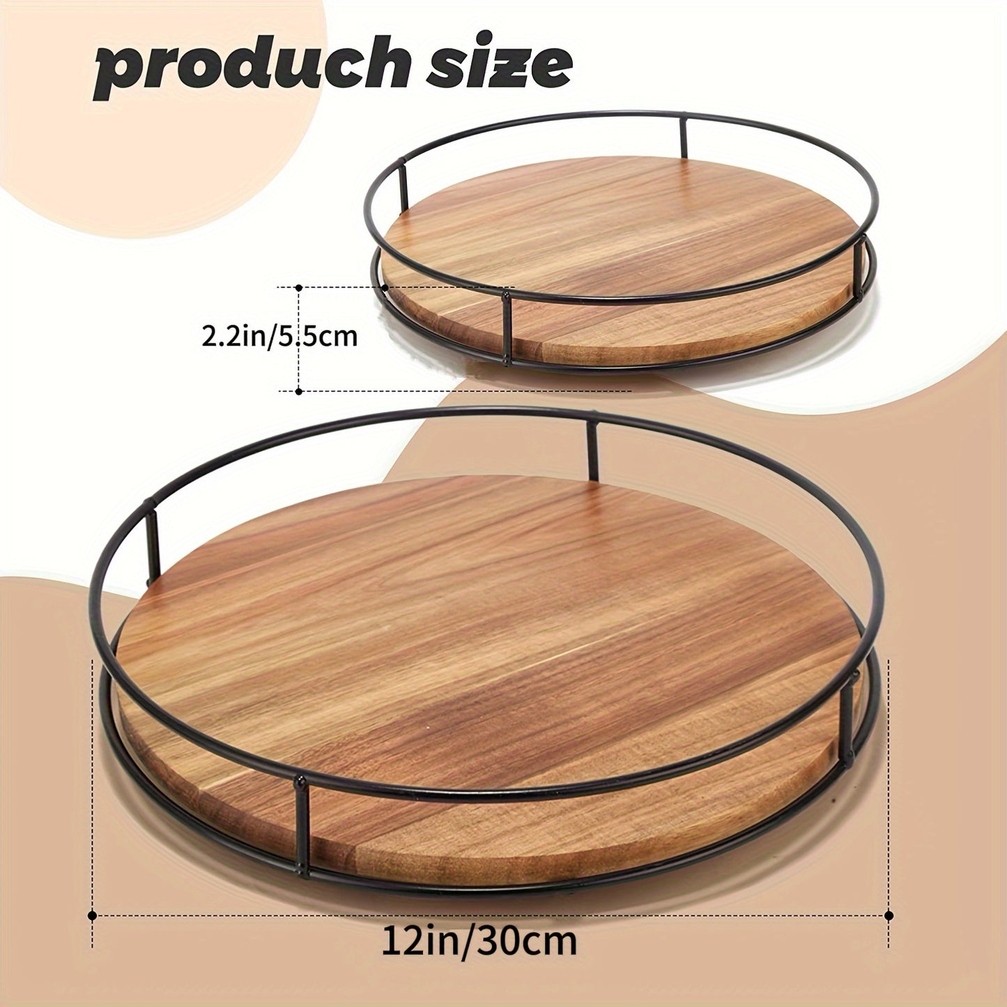 Wooden rotating storage rack with steel handrails, kitchen seasoning tray, Susan turntable, solid wood rotating tray.