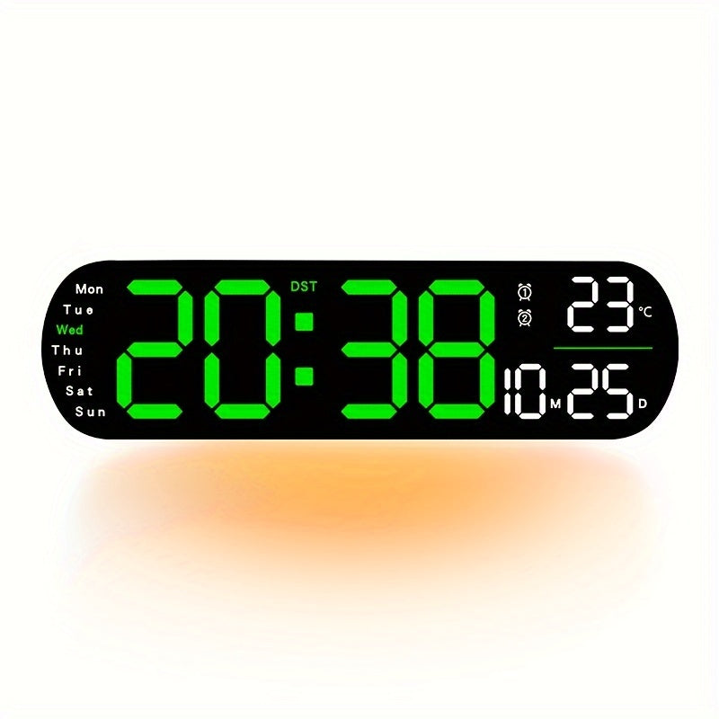 Multifunctional LED wall clock with remote control. Features dual alarm, date and week display, auto-dimmable brightness, 12/24H format, and USB powered. Includes night light and ideal for