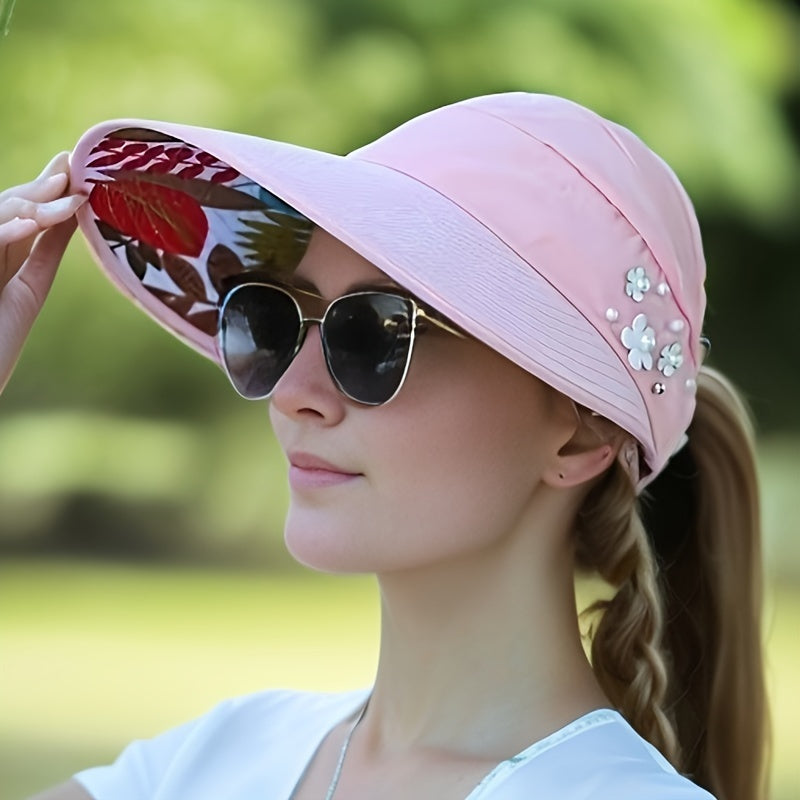 Stylish beaded sun visor for women with UV protection and foldable design, perfect for daily outdoor use.