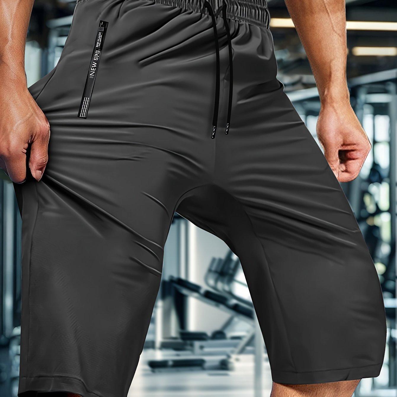 Elastic fabric men's summer capri pants with drawstring waist and zip pockets, perfect for casual sports, outdoor activities, and everyday wear.