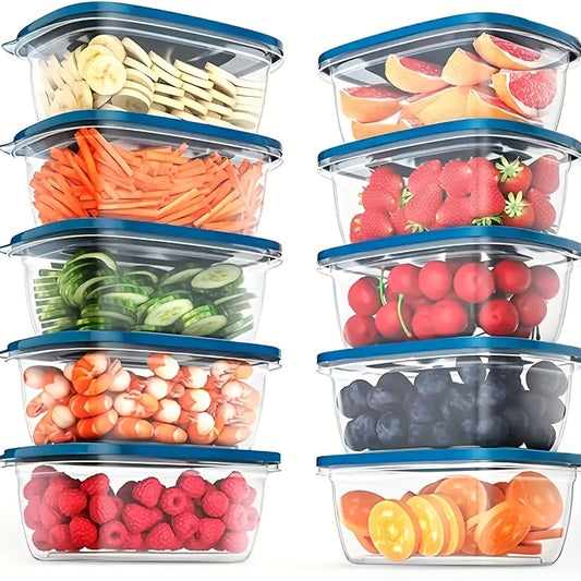 10pc set of reusable clear plastic storage containers with blue lids, perfect for storing fresh produce and snacks in the kitchen, office, school, picnics, and beach.