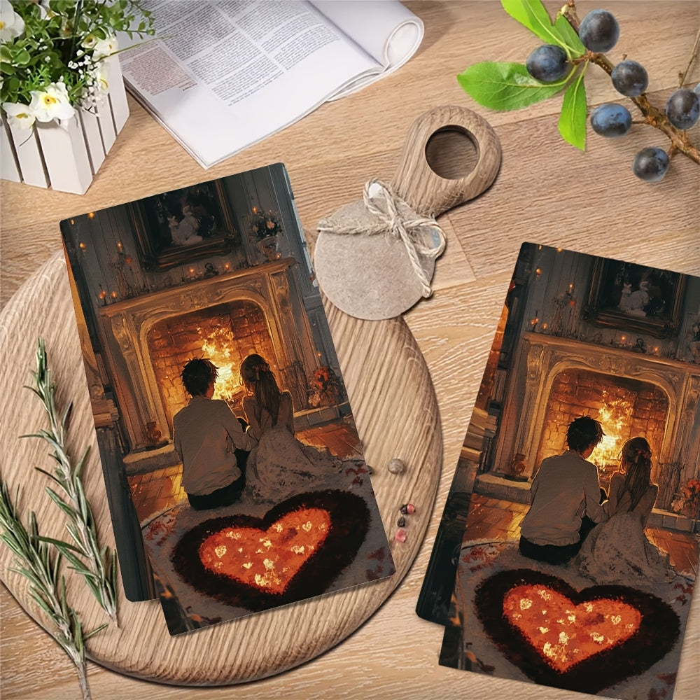 This set includes 2 ultra-soft kitchen towels featuring an anime couple sitting on a heart-shaped rug by a fireplace. These highly absorbent dish towels are ideal for holiday decoration, can be easily machine washed, and measure 40.64x60.96 cm.