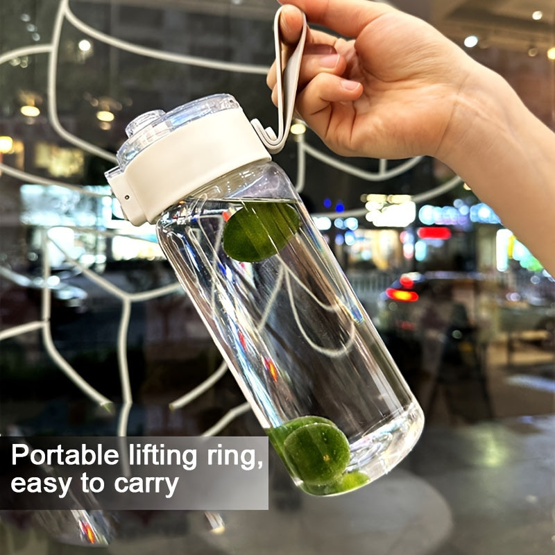 1 white sports water bottle with handle, tea strainer, and wide mouth. Available in 14oz, 20oz, or 27oz. Made of reusable plastic. Perfect for outdoor sports, biking, daily use, and as a gift for Valentine's Day or Ramadan.