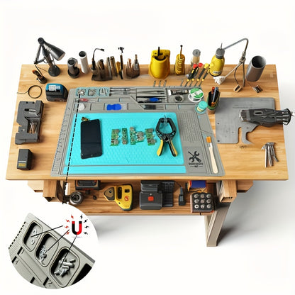 Silicone/PVC Soldering Mat Set with Anti-slip Insulation and Magnetic Heat Resistant Properties for Workbench Maintenance Tools.