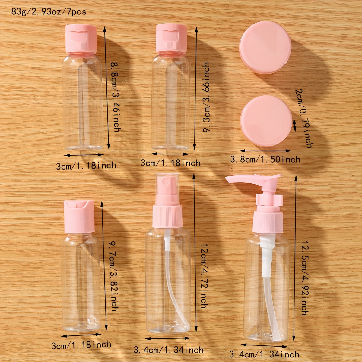 7-piece travel bottles for toiletries, refillable, perfect for shampoo, conditioner, lotion, soap, and body wash.