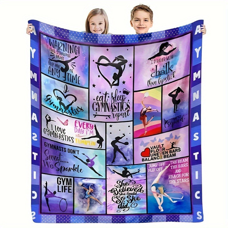 Modern gymnastics-themed flannel throw blanket featuring a girl print - Soft and cozy for casual use, suitable for office, camping, and travel. Perfect gift for all seasons. Easy to clean with machine washable, stain and tear-resistant polyester