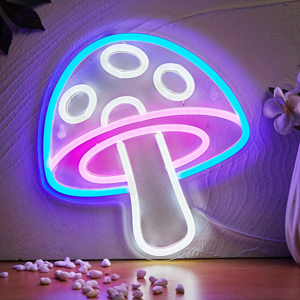 USB-powered LED neon mushroom sign for game room or bedroom decor.