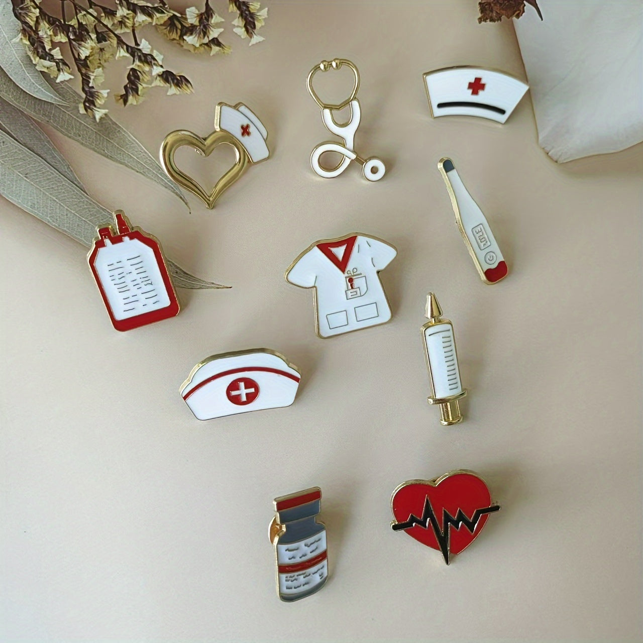 Set of 10 Nurse-Themed Brooches - Adorable Heart Designs featuring Stethoscope, Syringe, and Thermometer Charms for Fashion and Accessories