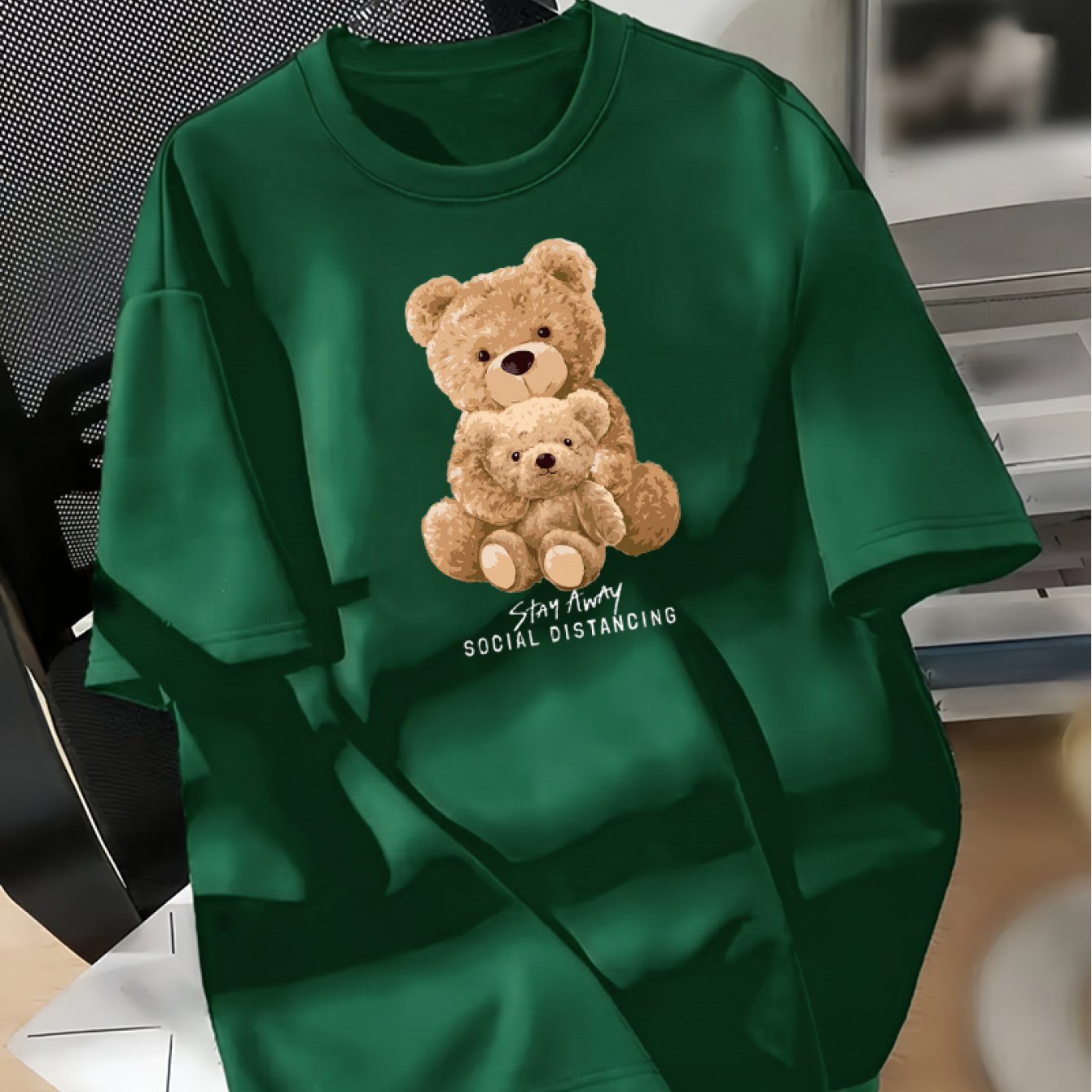 Women's casual crew neck T-shirt with cartoon bear print, made of 100% cotton. Loose fit knit fabric for all-season comfort, no chest pad or lining.