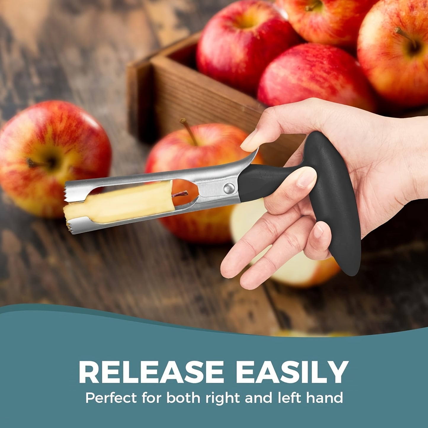 YUHUPHYLLIC Stainless Steel Apple Corer with ergonomic handle and sharp serrated blade for removing cores from various fruits. Manual operation, portable kitchen tool.