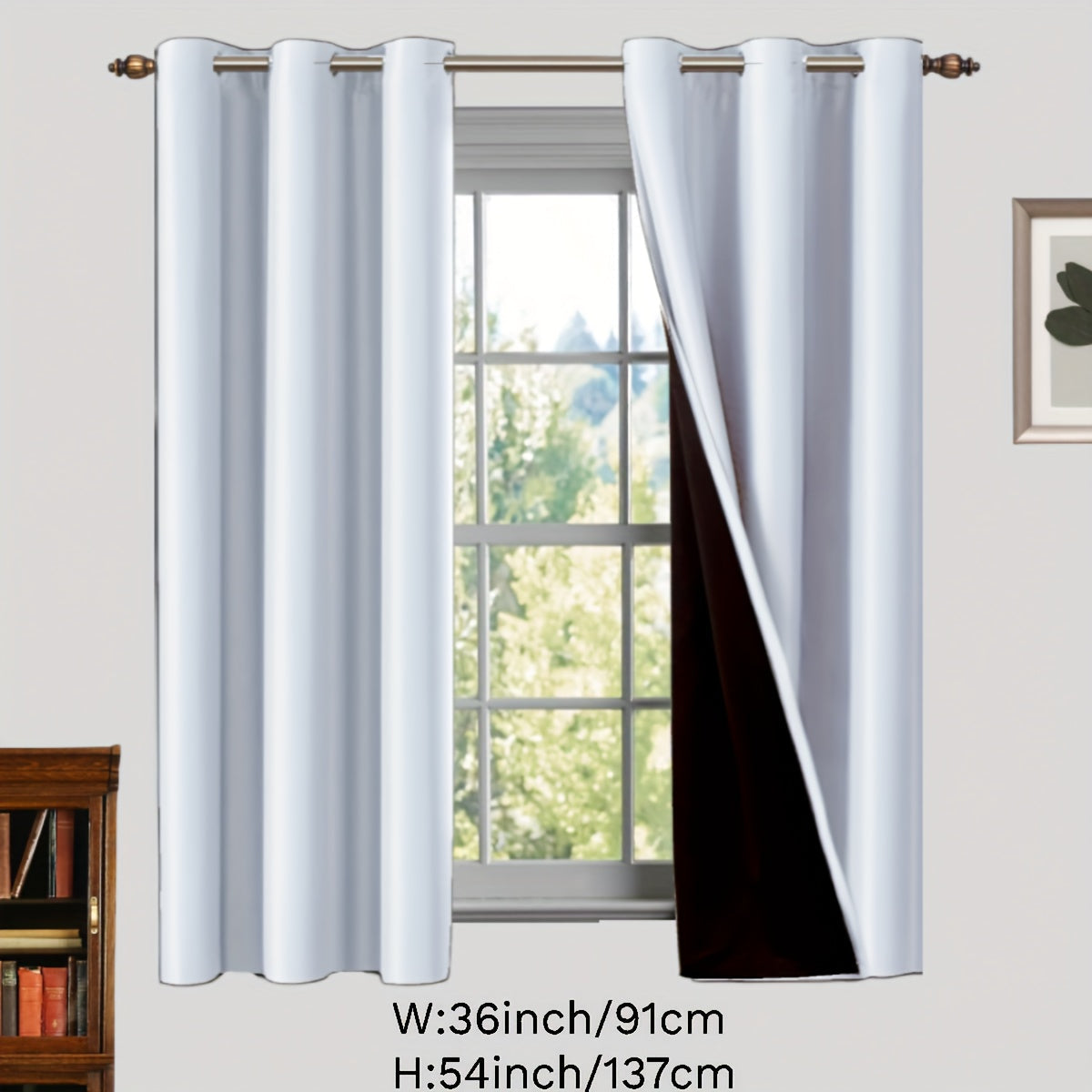 Two pieces of 100% blackout curtains made from polyester, coated and insulated with a grommet top design. Perfect for bedroom, living room, and home decor.