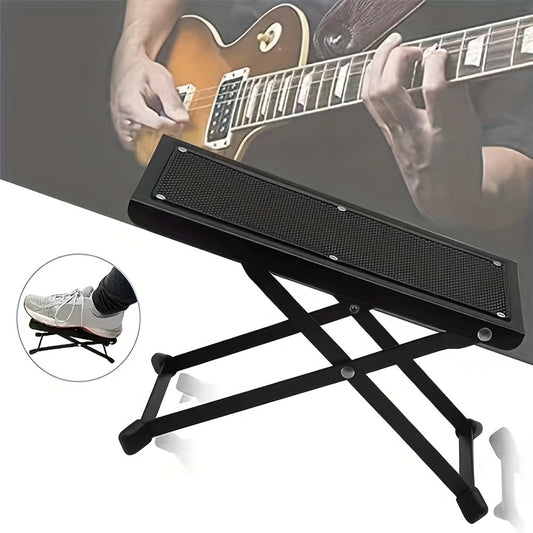 Guitar foot pedal with 4-gear high and low folding for stability and comfort. Sturdy metal with non-slip features. Suitable for musical instrument playing, guitar playing, pedicure, and