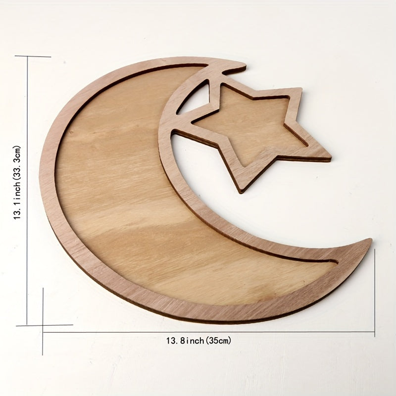 Eid Mubarak wooden dessert tray with moon and star design, ideal for Ramadan decor and Islamic celebrations, no batteries needed.